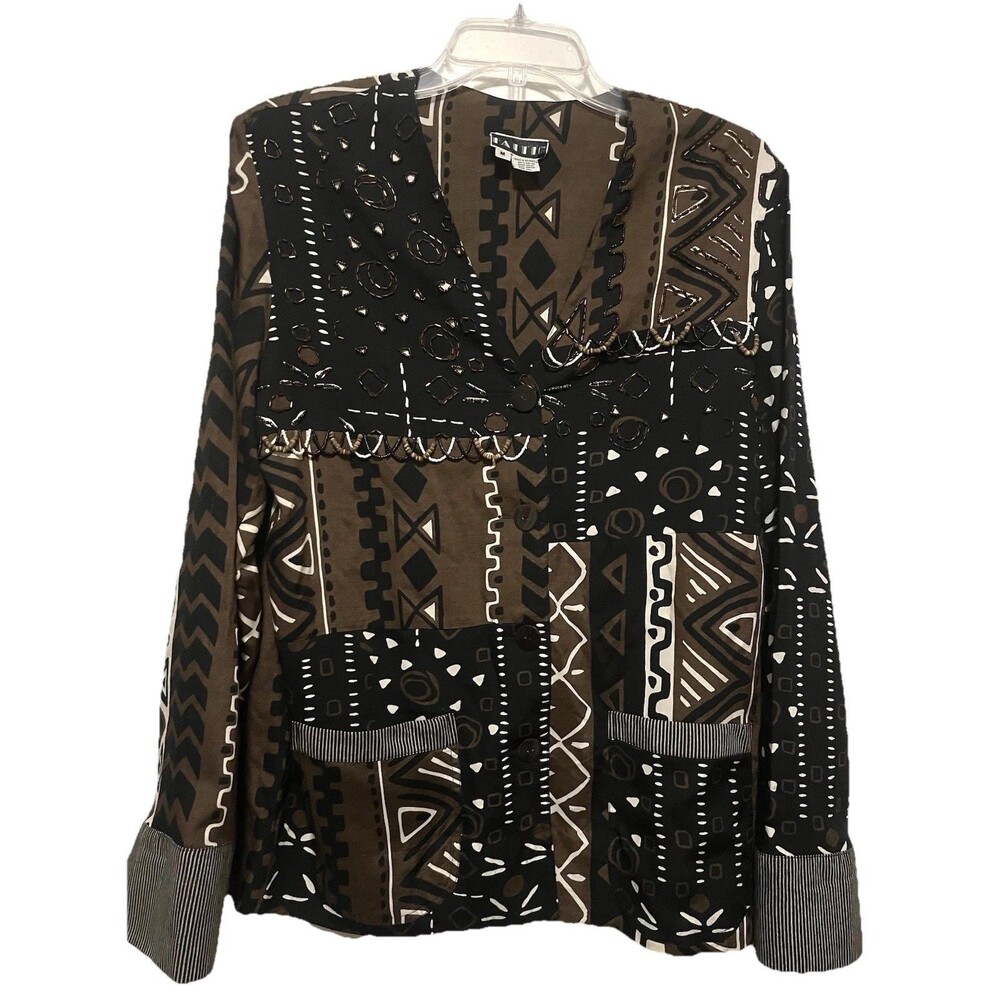 Vintage Faith Rayon Button Down Mudcloth Inspired Geometric Blouse Beaded Medium